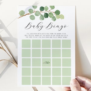 tarjeta de juego de bingo bebé // baby shower de oro eucalipto, verde acuarela, género neutro, flor verde, boho, juegos de ducha de bebé