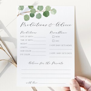 prédictions et carte de conseils // douche de bébé eucalyptus, aquarelle verte, genre neutre, floral vert, boho, jeux de douche de bébé