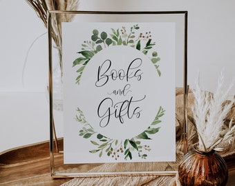 libros y regalos signo // eucalyptus baby shower, verde, flor verde, boho boho, signo de ducha de bebé imprimible