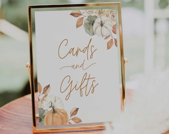 Letrero de tarjetas y regalos imprimibles // Baby shower de otoño, calabaza, floral de otoño, género neutro, letrero imprimible para baby shower