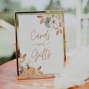 Tarjetas imprimibles y regalo signo // Baby shower de otoño, calabaza, floral de otoño, género neutro, signo de baby shower imprimible