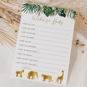 souhaits pour la carte de bébé // douche de bébé jungle, feuille d’or, thème de jungle, animaux de jungle, verdure d’aquarelle, feuilles tropicales, jeu imprimable
