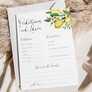 predicciones y tarjeta de consejos // baby shower de limón, tarjeta de consejos, limones, cítricos, tema de limón, género neutro, juego de baby shower imprimible
