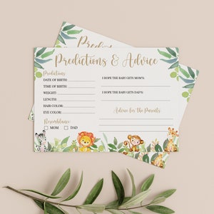 May include: A printable baby shower game card with a jungle theme. The card has a green leafy border and features a lion, monkey, and giraffe. The card asks guests to predict the baby's birth date, time, weight, length, hair color, eye color, and whether the baby will resemble mom or dad. It also asks for advice for the parents.