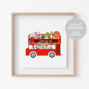 London Doppeldecker Dschungel Tiere Wanddruck , london red bus, druckbare Wandkunst, Wanddekoration, Kinderzimmer, druckbare Wandkunst