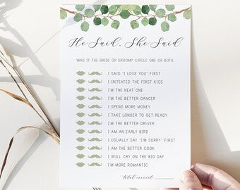 he said she said, guess who said it game // eucalyptus bridal shower, watercolor greenery, green floral, boho bohemian, bridal shower games