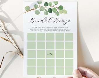 tarjeta de juego de bingo nupcial // eucalipto ducha nupcial, verde acuarela, flor verde, boho boho, juegos de ducha de novia, ducha de boda