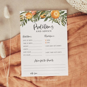 predictions and advice card // citrus baby shower, citrus, orange, baby shower game, gender neutral, printable baby shower game
