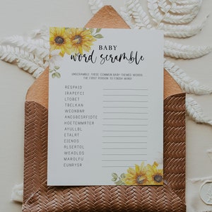 baby word scramble game // sunflower baby shower, sunflowers, yellow floral, printable baby shower game