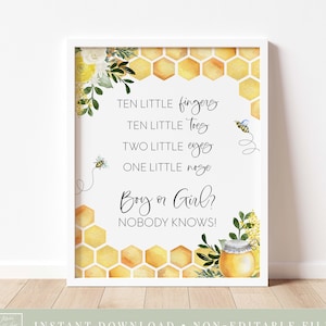 printable boy or girl bee gender reveal sign // bee gender reveal, bee theme, gender neutral, yellow floral, honeycomb, bees, printable sign