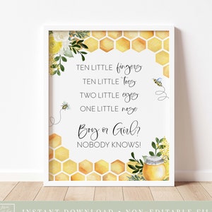 Letrero imprimible de revelación de género de abeja para niño o niña // Revelación de género de abeja, temática de abejas, género neutro, floral amarillo, panal, abejas, letrero imprimible