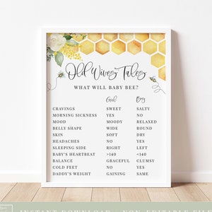 old wives tales game sign // bee gender reveal, bee theme, baby bee, gender neutral, yellow floral, honeycomb, bees, printable sign