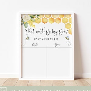 Letrero de votación de género de abeja // Revelación de género de abeja, temática de abejas, abejita, género neutro, floral amarillo, panal, abejas, letrero imprimible