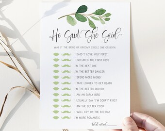he said she said game // eucalyptus bridal shower, greenery, green floral, boho bohemian, printable bridal shower game