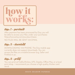 May include: A pink and brown graphic with the text "how it works:" and a step-by-step guide on how to purchase, download, and print digital files from Etsy. The text includes the website address "https://www.etsy.com/your/purchases".