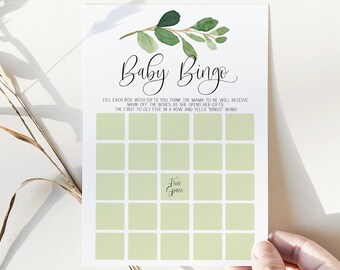 baby bingo game // eucalyptus baby shower, greenery, green floral, boho bohemian, printable baby shower game