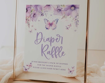 drukowany znak losowania pieluszek // kwiatowy motyl lawendowy, znak baby shower, przyjęcie urodzinowe, wieczór panieński, natychmiastowe pobieranie
