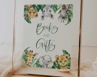 letrero de libros y regalos // baby shower en la jungla, animales de la jungla, safari, vegetación, letrero de baby shower imprimible
