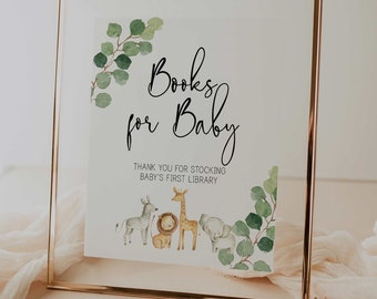 libros para letrero de bebé // baby shower en la jungla, animales de la jungla, safari, vegetación, género neutro, letrero de baby shower imprimible