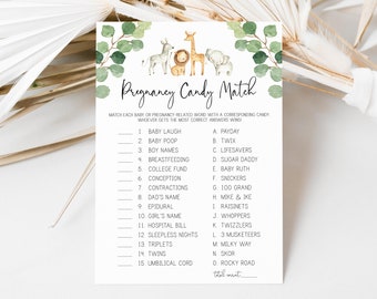 pregnancy candy match game // jungle baby shower, jungle animals, safari, greenery, gender neutral, printable baby shower game
