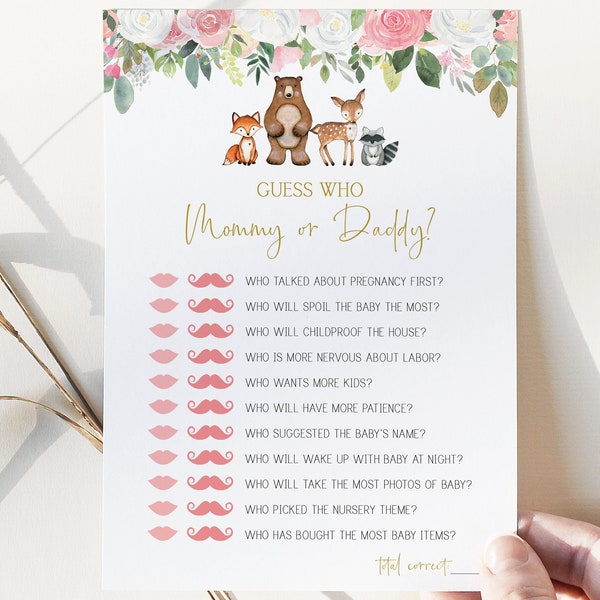 mommy or daddy game // woodland baby shower, woodland animals, floral, blush pink, gold, baby girl, printable baby shower game