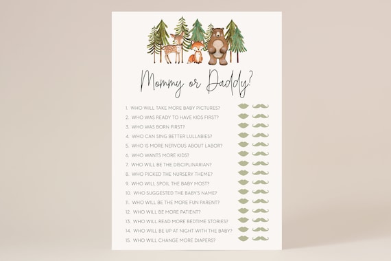 mommy or daddy game // woodland baby shower, woodland animals, gender neutral, baby boy, trees forest, printable baby shower game