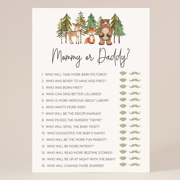 mommy or daddy game // woodland baby shower, woodland animals, gender neutral, baby boy, trees forest, printable baby shower game