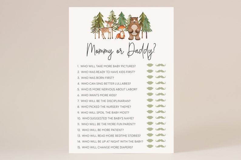 May include: A printable game for a baby shower, featuring a woodland theme with a fox, deer, and bear. The game asks guests to guess who will take more baby pictures, who was ready to have kids first, and other questions about the parents.