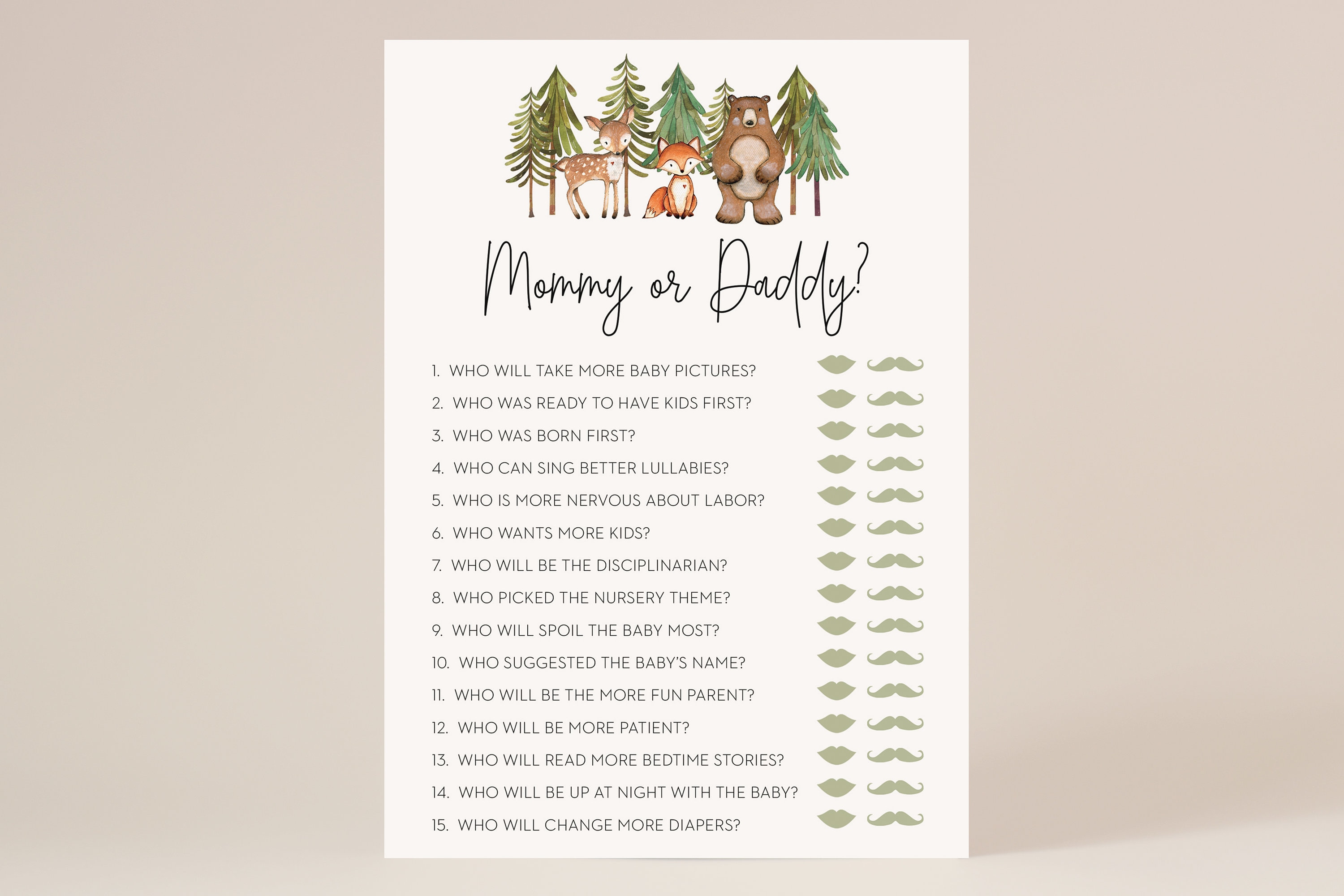 mommy or daddy game // woodland baby shower, woodland animals, gender neutral, baby boy, trees forest, printable baby shower game