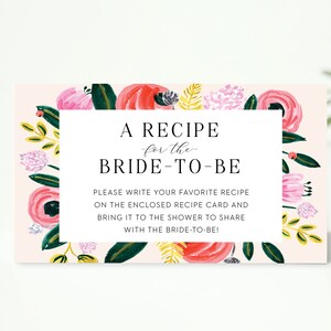 recept aanvraag kaart // recept voor de bruid, roze bloemen, bruidsdouche, bruiloft douche, koppels douche, uitnodiging insert