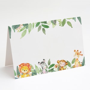 tarjetas de etiquetas de alimentos diy, carpa de mesa, tarjetas de lugar // animales de safari en la jungla, vegetación de acuarela, baby shower con tema de la jungla