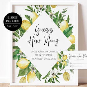 guess how many candies // lemon baby shower, lemons, citrus, lemon theme, printable baby shower sign