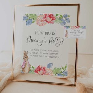 how big is mommy&#39;s belly game // peter rabbit baby shower, pink peter rabbit, blush pink floral, printable baby shower sign