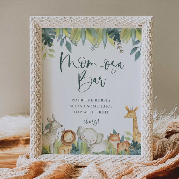 mom-osa mimosa bar sign // jungle animals, safari, baby boy, jungle baby shower theme, baby shower sign, printable sign