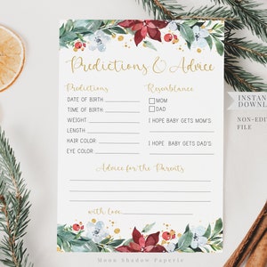 May include: A white baby shower game card with gold script that reads "Predictions & Advice." The card has floral accents in red, white, and green. The card includes fill-in-the-blank sections for predictions and advice.