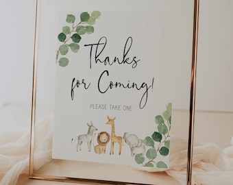 thanks for coming sign // jungle baby shower, jungle animals, safari, greenery, gender neutral, printable baby shower sign