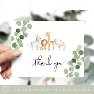 tarjeta de agradecimiento plana imprimible // animales de la jungla, safari, vegetación de acuarela, bebé niño, baby shower en la jungla, tarjeta de agradecimiento imprimible