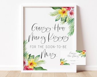 guess how many kisses // tropical bridal shower, tropical theme, hibiscus flower, printable bridal shower sign