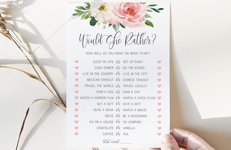 wedding shower bridal shower game printable baby shower game would she rather game blush pink floral