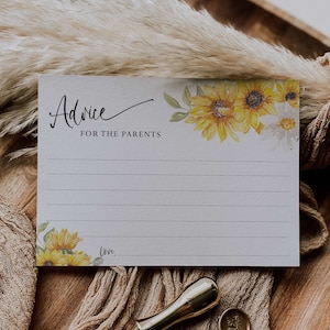consejo para la tarjeta de padres // baby shower de girasol, girasoles, género neutro, acuarela floral, tarjeta de consejo, juego de baby shower