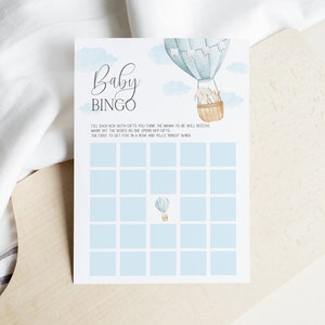 baby bingo game // hot air balloon baby shower, up up and away, adventure awaits, blue, baby boy, printable baby shower game