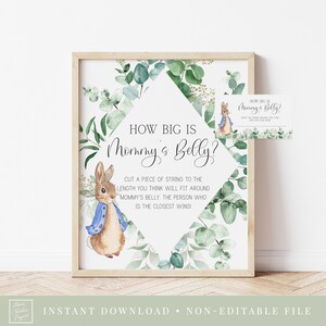 how big is mommy&#39;s belly game // peter rabbit baby shower, bunny rabbit, greenery, gender neutral, printable baby shower sign