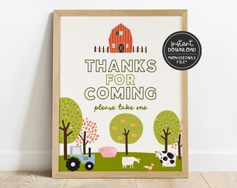 printable thanks for coming sign // farm animal birthday, kids birthday party, barnyard animals, instant download