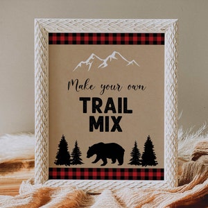 trail mix bar table sign // lumberjack bear baby shower, lumberjack theme, woodland, buffalo plaid, baby boy, baby shower signs