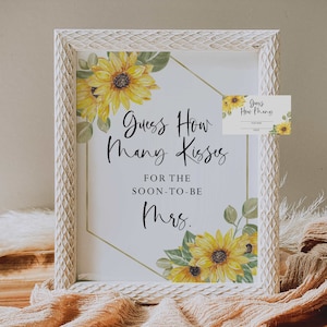 adivinhe quantos beijos assinam e cartão // sinal de chá de panela de girassol, chá de casamento, girassóis, floral, sinal de chá de panela para impressão