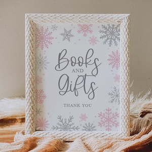 books and gifts sign // winter baby shower, snowflake, blush pink silver, snow, baby girl, printable baby shower sign