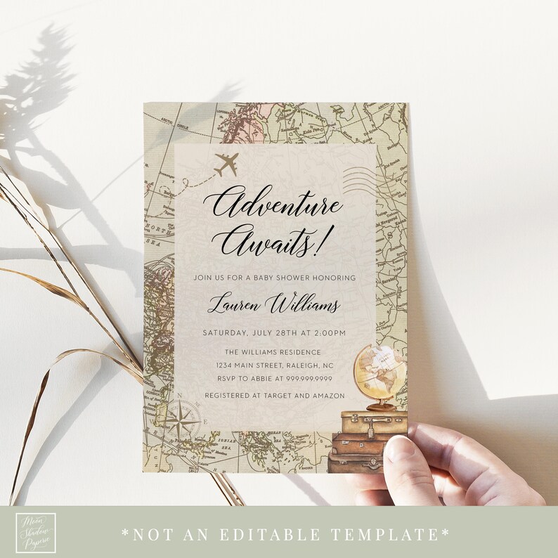adventure awaits baby shower invitation travel baby shower luggage suitcase map airplane printable baby shower invitation