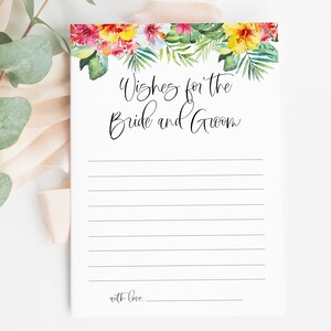 wensen voor de bruid en bruidegom kaart - tropische bloemen bruidsdouche, bruiloft douche, hibiscus bloemen, tropisch thema, afdrukbaar spel