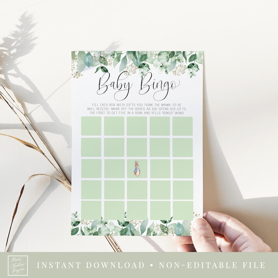 baby bingo game // peter rabbit baby shower, peter rabbit, eucalyptus, greenery, printable baby shower game