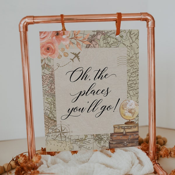 oh the places you'll go sign // floral travel baby shower, luggage, map, airplane, pink floral, baby girl, printable baby shower sign